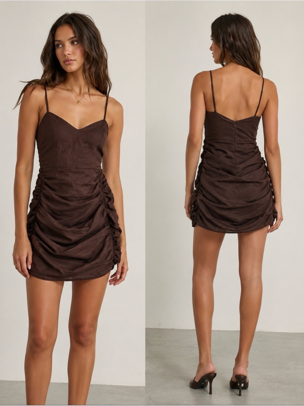 : ZARA Brown Linen Blend Ruched Mini Dress Size S US 5
